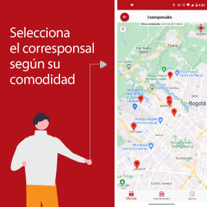 Personaje enseñando un celular con un aviso de Bancamia, en fondo rojo